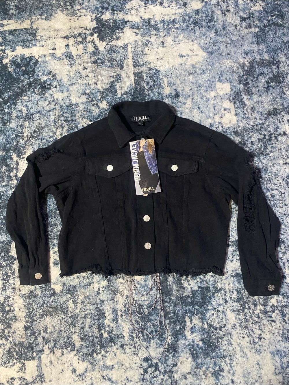Thrill Jeans Women’s Medium Cropped Black Distressed Denim Jacket NWT Punk